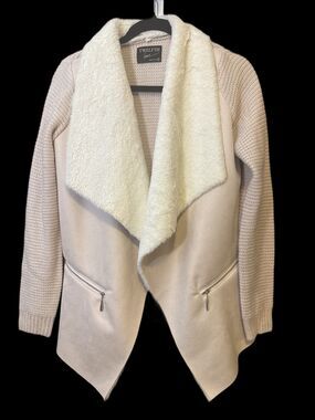 Womens Pale Pink Faux Suede Faux Fur Cardigan Sweater Asymmetrical Sm Oversized